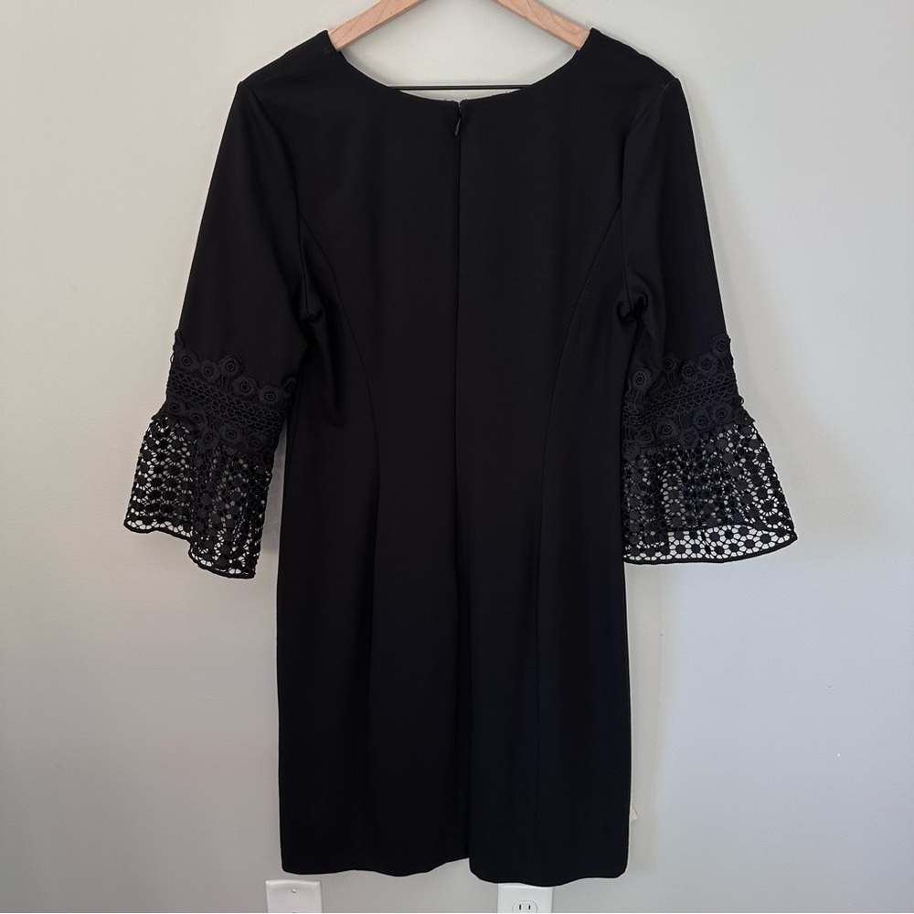 Talbots 10 Sheath Dress Black Ponte Fabric Crochet Bell Sleeve Cocktail Formal - Picture 8 of 12